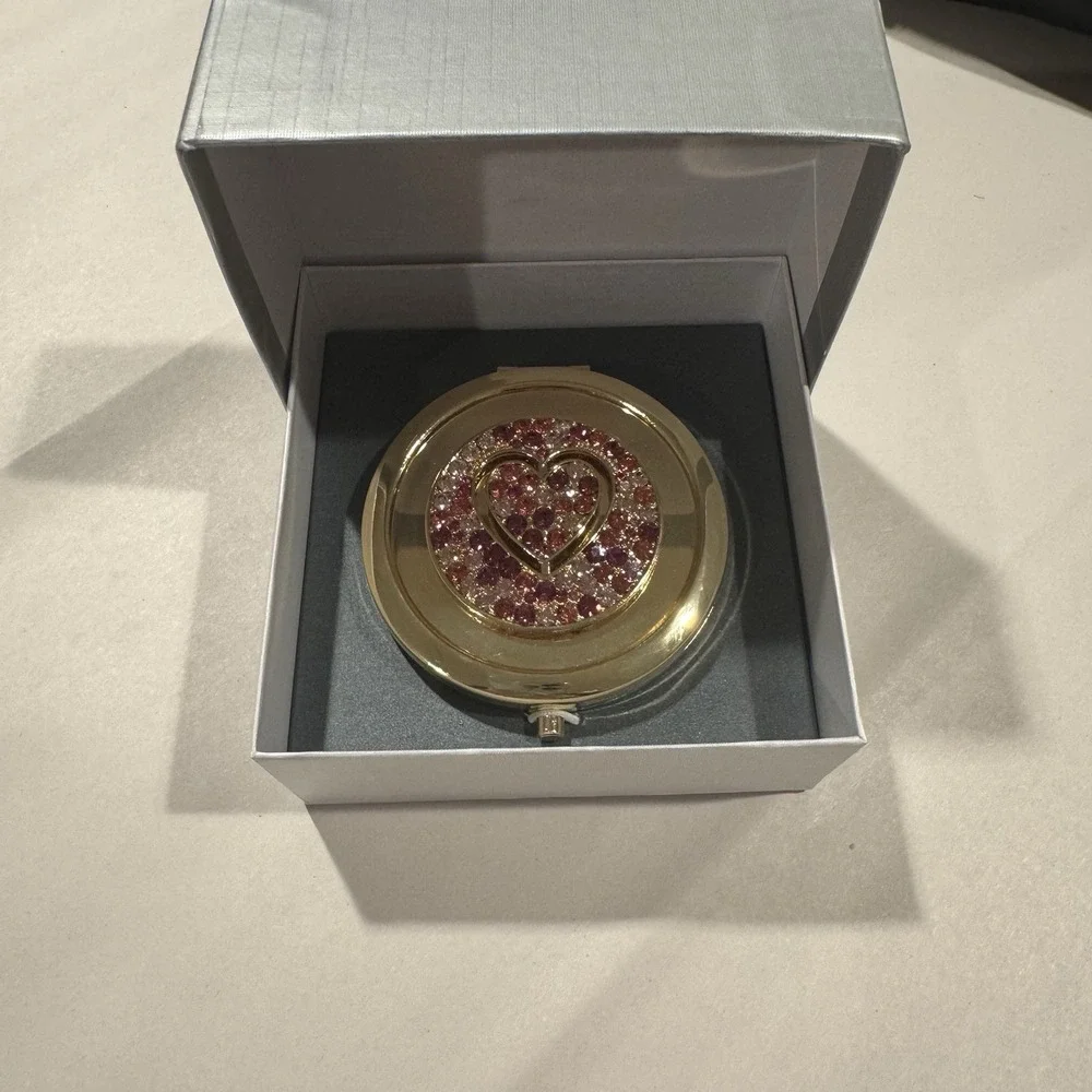 Luxe Gold Compact Mirror Jeweled Pink Heart Makeup Travel ~ In Original Box